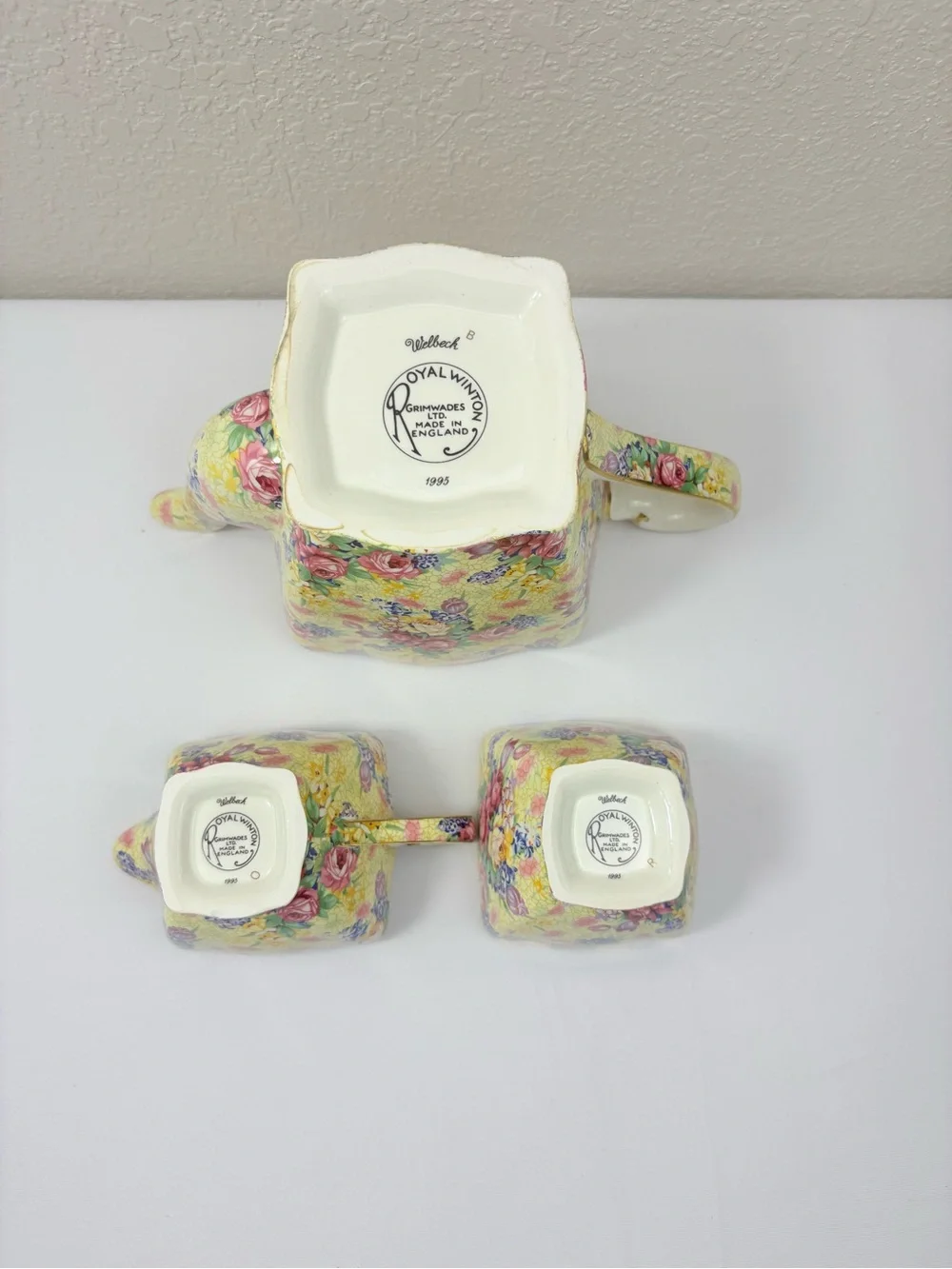 Royal Winton Wellbeck Chintz Tea Set with Pale Yellow Floral Pattern & Gold Trim